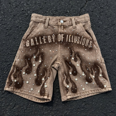 Niestandardowe 2025 Lato Rhinestone Jeans Shorts Streetwear Brązowe Myte Denim Short Pantalony Vintage Baggy Jorts
