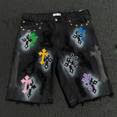 Wysokiej jakości spodenki na zamówienie Streetwear Strass Short Jeans Distressed Embroidery Patchwork Denim Podenki Shorts dla mężczyzn