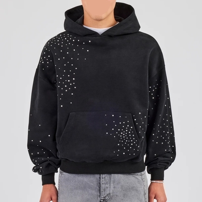 Niestandardowy bluzik z kapeluszem dla mężczyzn Streetwear Logo haftowane Vintage Acid Wash Oversized Drop Shoulder Rhinestone Hoodie