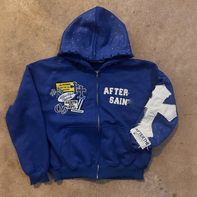 Niestandardowa Jesień Zima Nędzne haftowanie Rhinestone Ciężka waga 500 Gsm Francuski Terry Boxy Oversized Zip Up Hoodie
