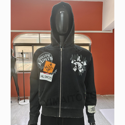Niestandardowe haftowanie Patchwork Zipper Hoodies Ciężki bawełniany Streetwear Vintage Acid Wash Zip Up Hoodie Mężczyźni