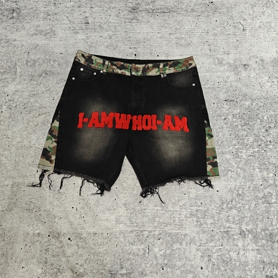 Niestandardowe ręczniki haftowe plasterki Logo Camo Baggy Jorts Streetwear Wysokiej jakości Raw Hem Vintage Denim Jean Shorts dla mężczyzn