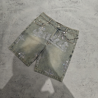 Męskie szorty dżinsowe w stylu streetwear, z efektem sprania kamieniem, z kryształkami, luźne, oversize, ciężkie, wykonane w 100% z bawełny, w stylu vintage