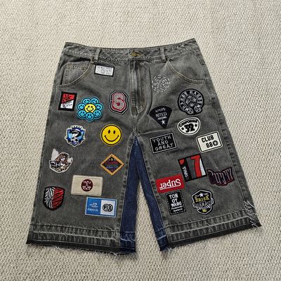 Niestandardowe naszywki z haftem Logo Baggy Jorts Streetwear Wysokiej jakości surowe obszycie Vintage Denim Jeansowe szorty dla mężczyzn